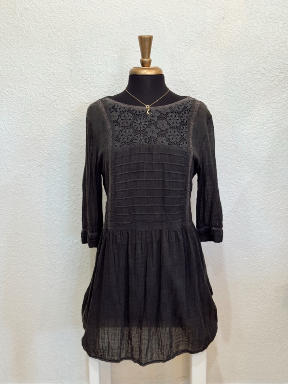 Charcoal Black Lace Yoke Gauze Tunic Dress